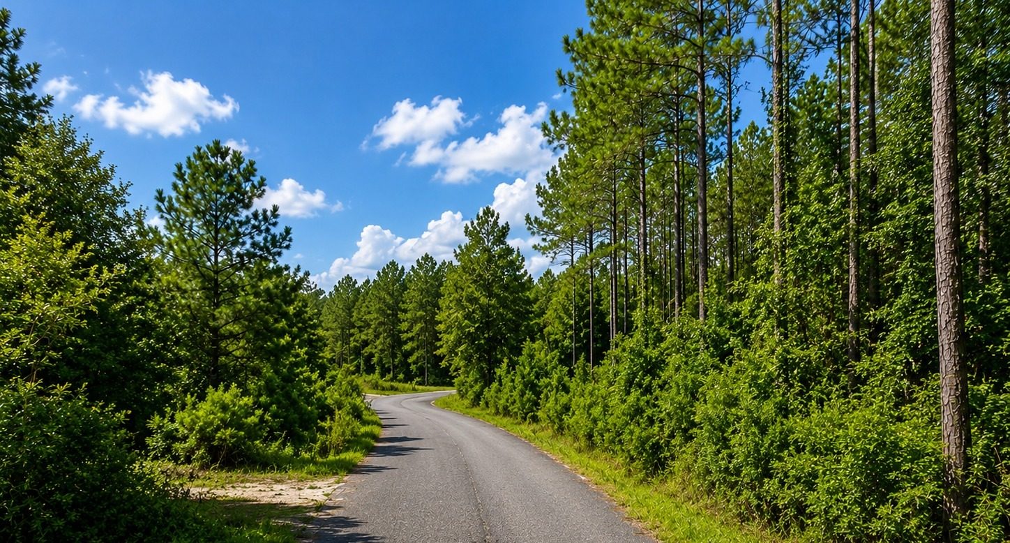 Wooded rural road bordering a vacant land parcel